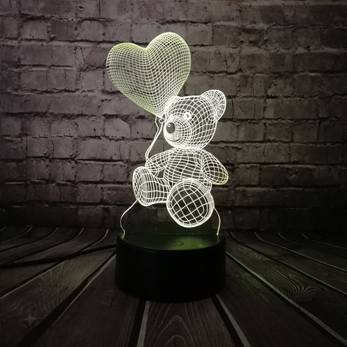 Baby Teddy Bear Hold Love Heart Balloon 3D Lamp